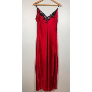 Vtg Victoria's Secret Slip Dress Women Large Red Silk Lace Maxi Y2K V-Neck
